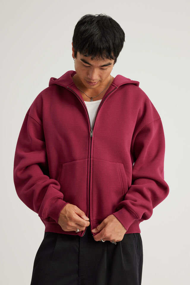 Authentics Boxy Zip Thru Hoodie, REDCURRENT