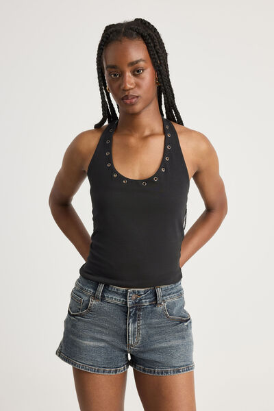 Scoop Neck Halter Top, WASHED BLACK