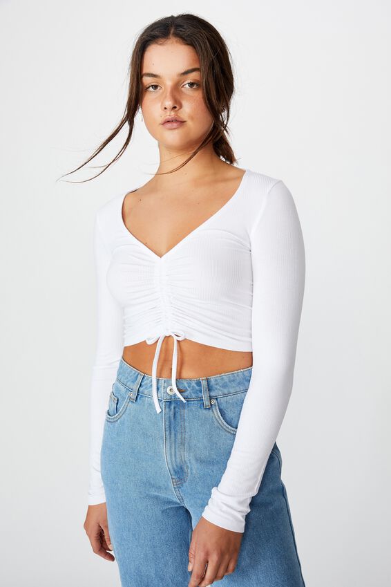 Long Sleeve Pull Front Top, WHITE