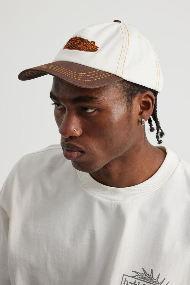 Half Half 5 Panel Two Tone Cap, VANILLA MUD APRICOT EMB