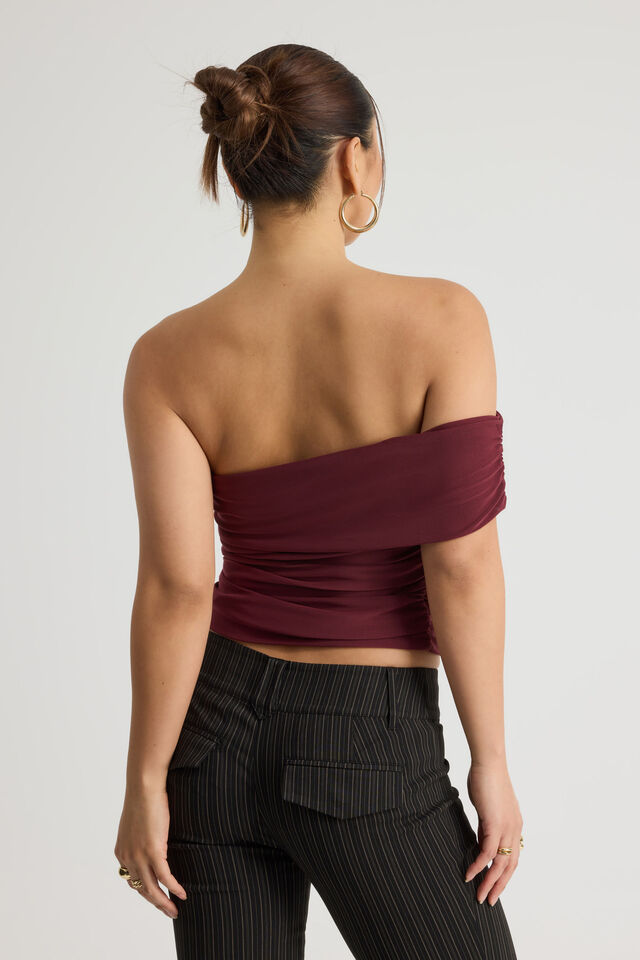 Mesh One Shoulder Top, BORDEAUX