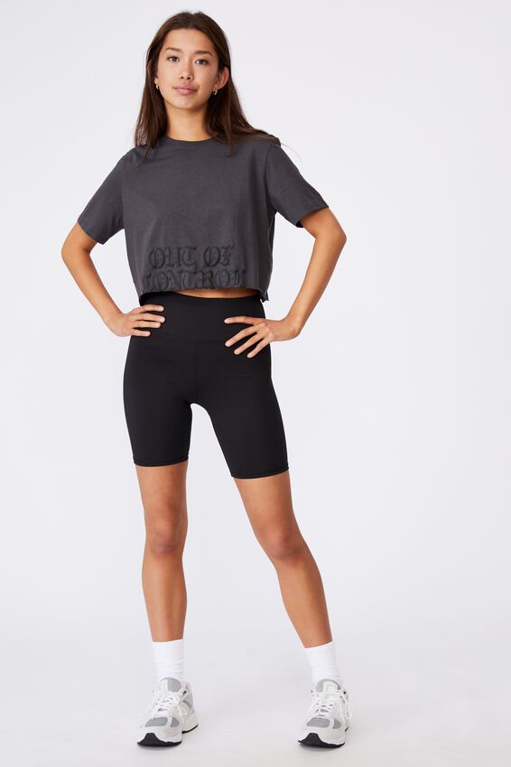 Short Sleeve Raw Edge Crop Graphic T Shirt, ASPHALT/OUT OF CONTROL