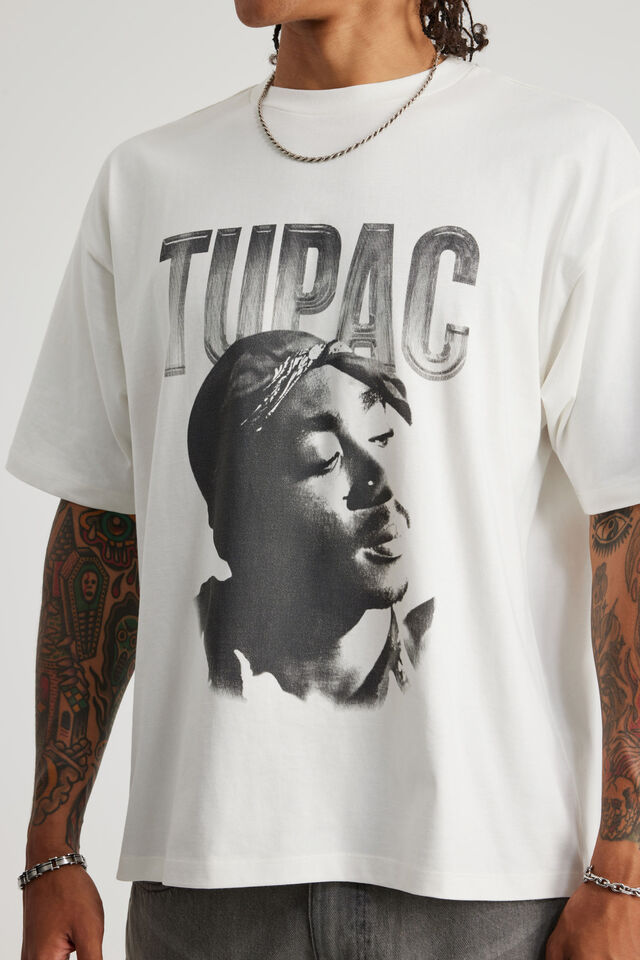 Box Fit Music Merch T Shirt, LCN BRA CLOUD/TUPAC GREYSCALE ALL EYEZ