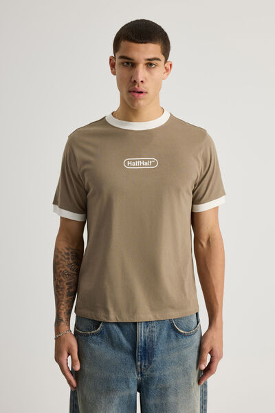 Half Half Slim Fit Ringer Tshirt, HH KHAKI MIST/CLOUD WIDE HALF HALF PILL