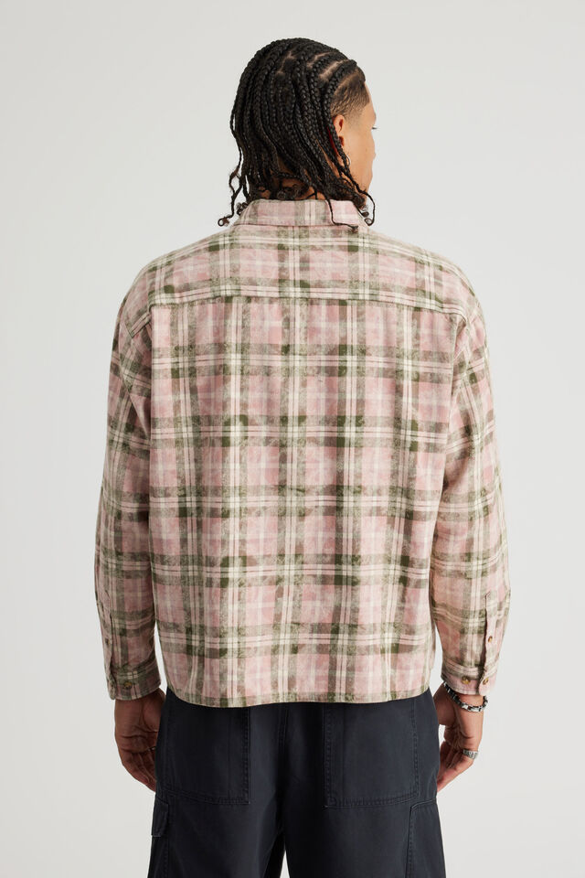 Notion Boxy Cropped Long Sleeve Shirt, NOTION DISTRESSED PINK CHECK