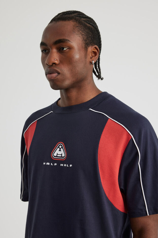 Half Half Box Fit Panelled Graphic Tshirt, HH NAVY BLAZER VARSITY RED/HH PERFORMANCE
