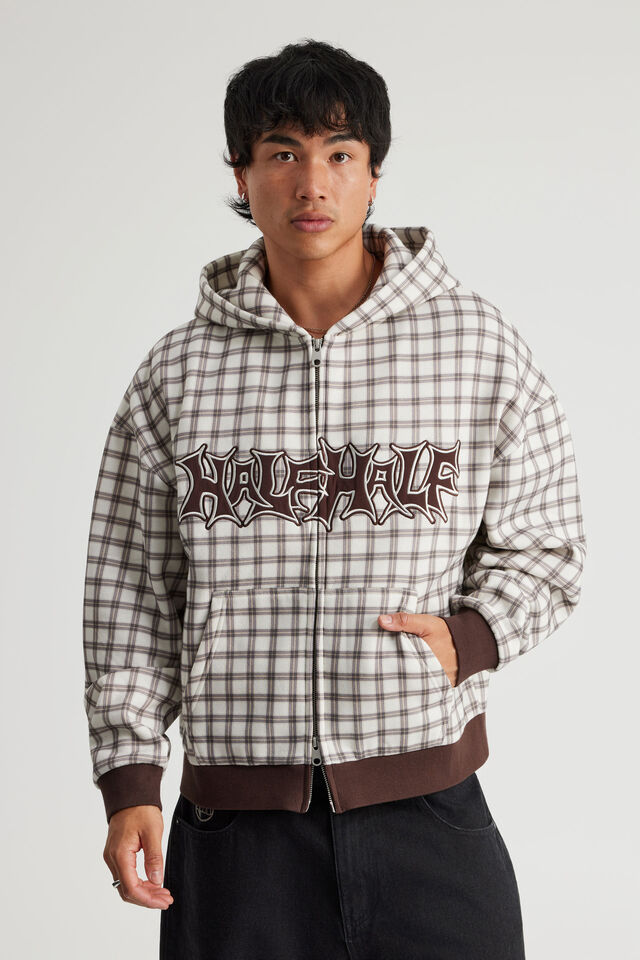 Half Half Zip Thru Hoodie, HH BROWN CHECK/SHRUBBERY