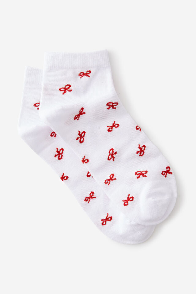 Girls Everyday Quarter Sock, WHITE RED BOWS