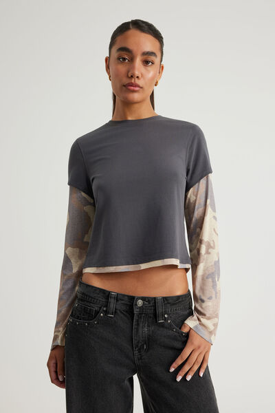 Layered Long Sleeve Top, SLATE/CAMO