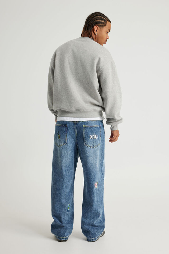 Spongebob X Half Half Painter Baggy Denim Jean, LCN NIC TDAL BLUE/SPONGEBOB