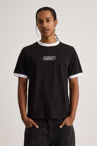 Half Half Slim Fit Ringer Tshirt, HH BLACK/WHITE WIDE HALF HALF PILL