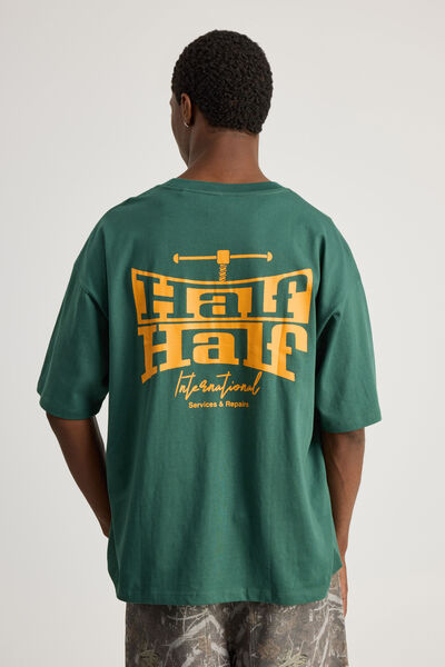 Half Half Box Fit Graphic T Shirt, HH WASHED GREEN/INDUSTRY TAKEOVER