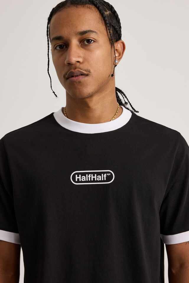 Half Half Slim Fit Ringer Tshirt, HH BLACK/WHITE WIDE HALF HALF PILL
