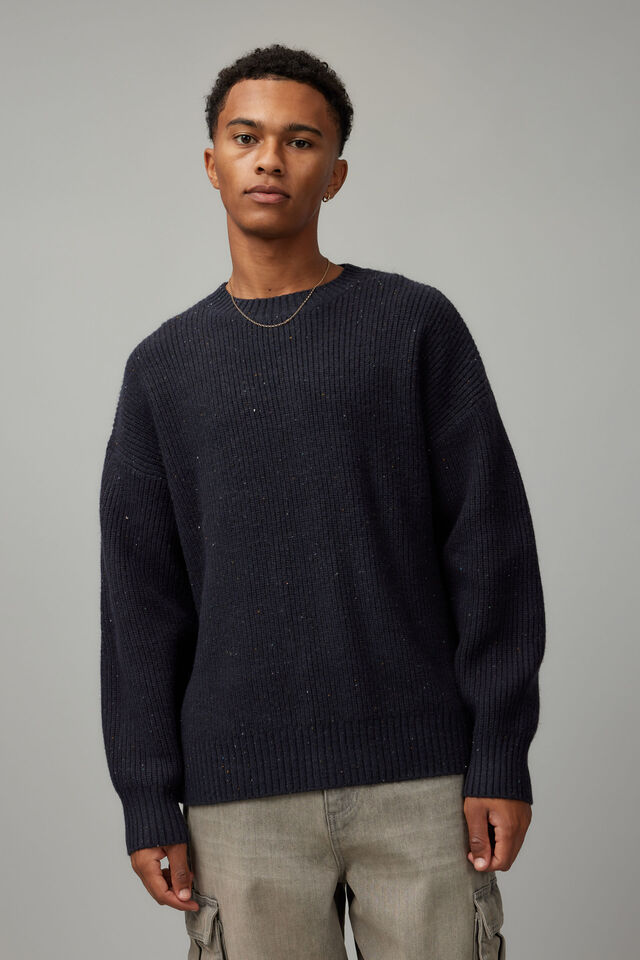 Boxy Textured Crew Knit, NAVY/NEP TEXTURE