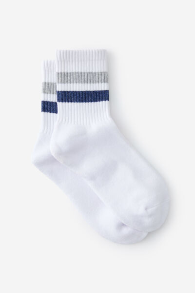 Girls Fashion Stripe Sock, WHITE W GREY BLUE STRIPES