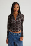 Long Sleeve Zip Through Shirt, BROWN CHECK - alternate image 1