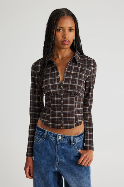 Long Sleeve Zip Through Shirt, BROWN CHECK
