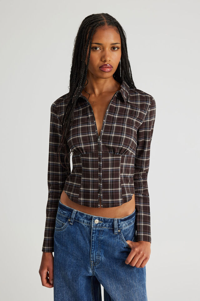 Long Sleeve Zip Through Shirt, BROWN CHECK