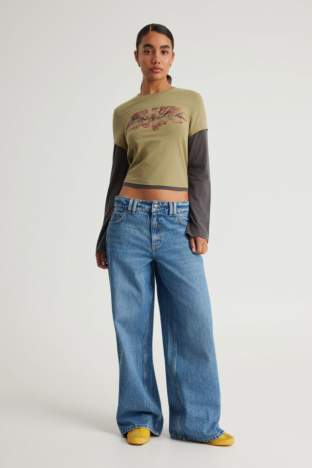 Layered Long Sleeve Top, WASHED OLIVE STONE/EAGLE