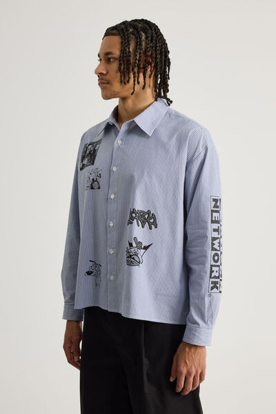 Cartoon Network X Half Half Long Sleeve Shirt, LCN WB BLUE WHT PINSTRIPE/CARTOON NETWORK