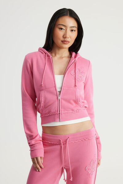 Fitted Zip Through Hoodie, NTN WASHED HYPER PINK
