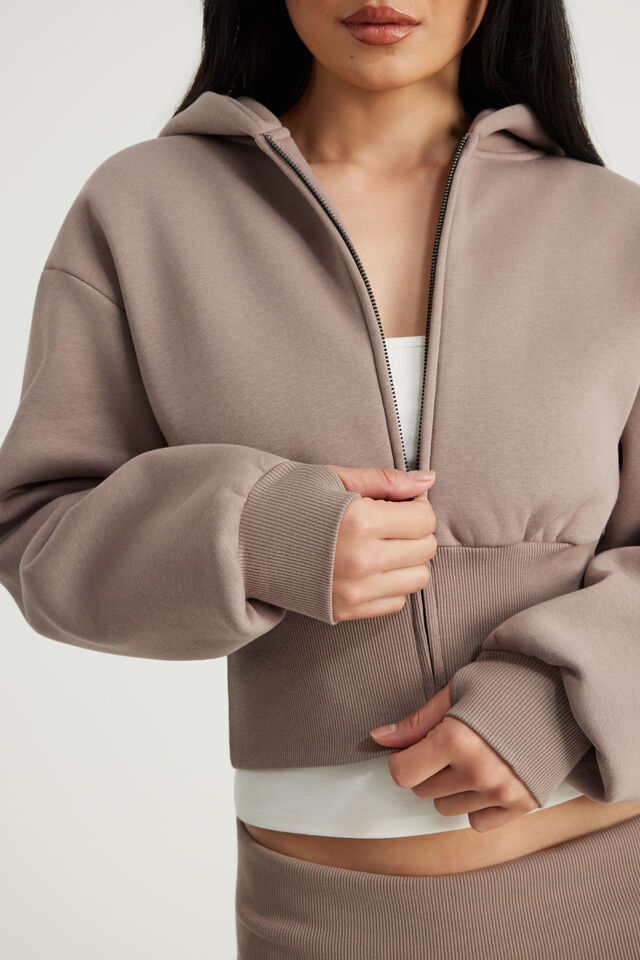Authentics Shrunken Zip Through Hoodie, MUSHROOM