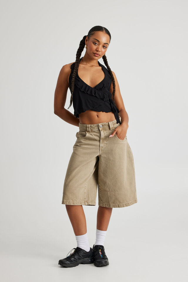 Piper Mesh Wrap Halter Top, BLACK
