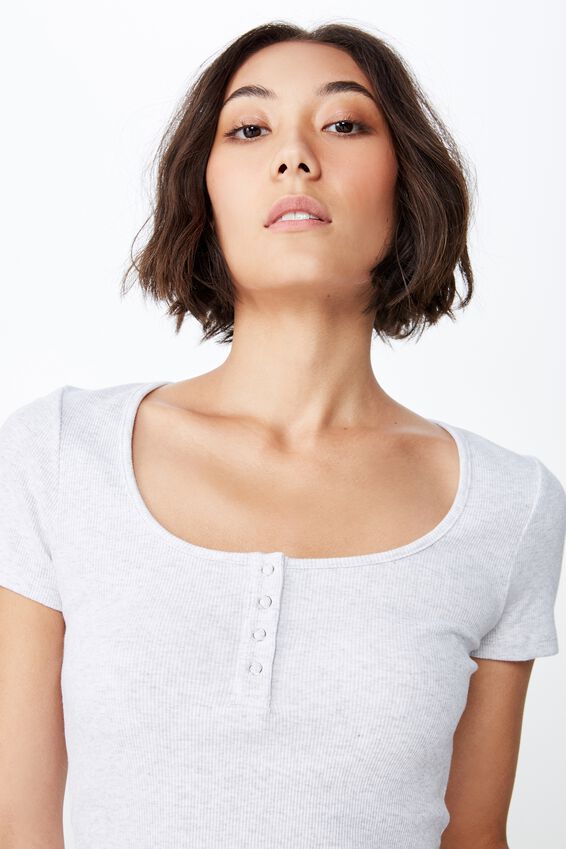 Short Sleeve Rib Henley, SILVER MARLE