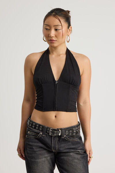 Zip Front Halter Top, BLACK