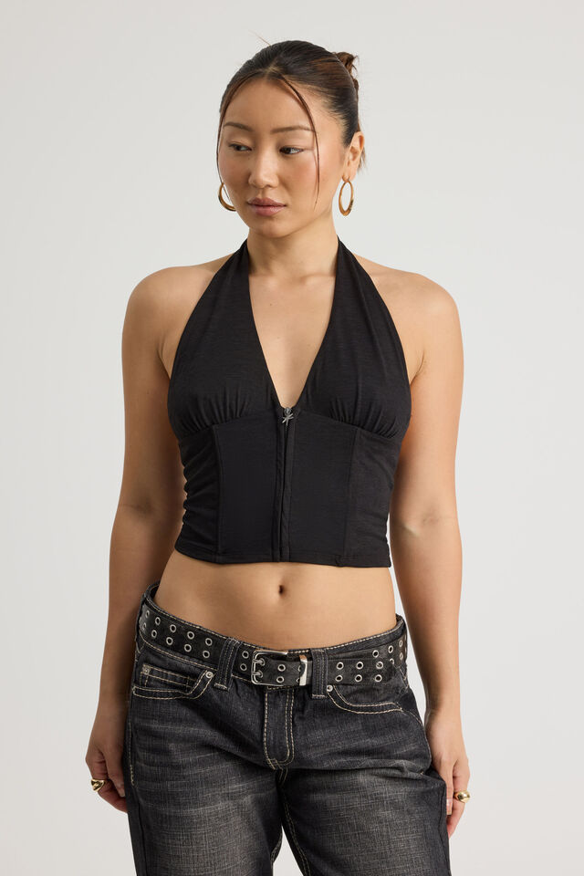 Zip Front Halter Top, BLACK
