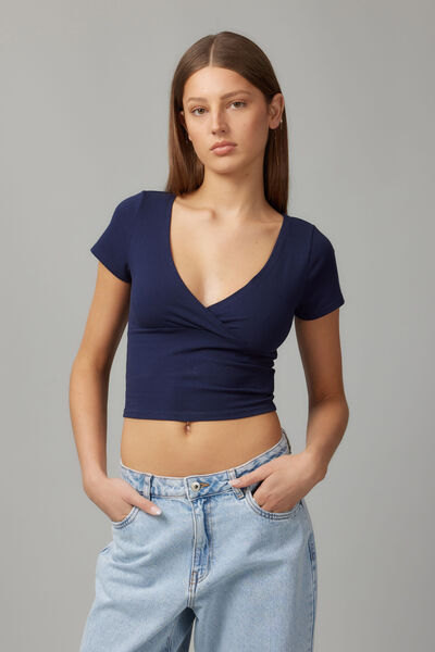 Estelle Short Sleeve Wrap Top, NAVY BLAZER