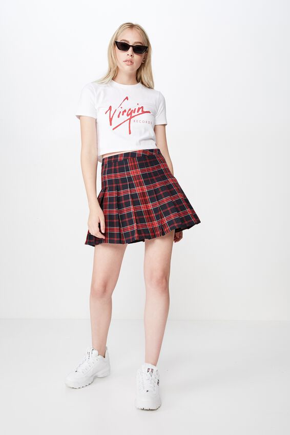 Pleated Skirt, NAVY RED CHECK