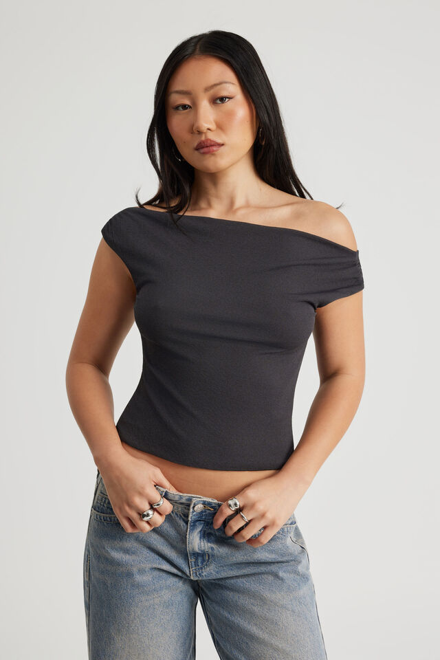 Textured Off Shoulder Top, SLATE