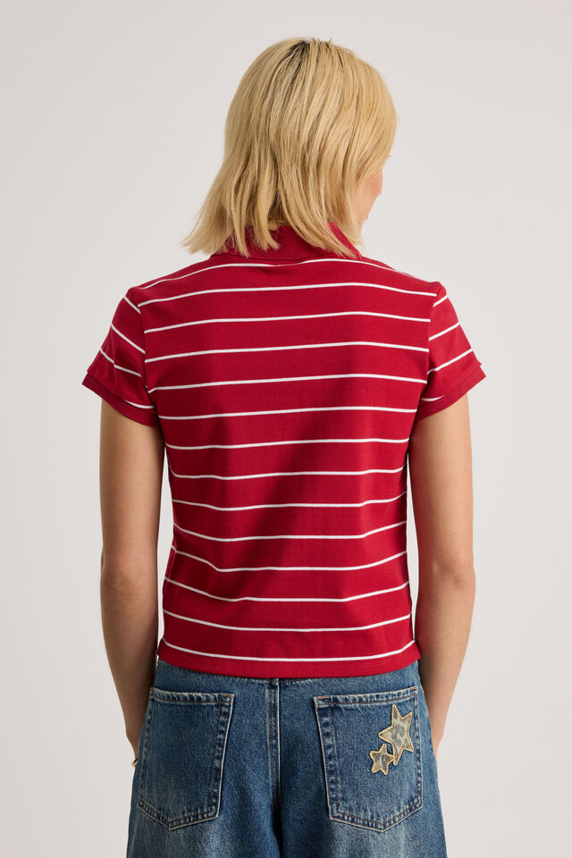 Short Sleeve Fitted Polo, LUCY PINSTRIPE/RED