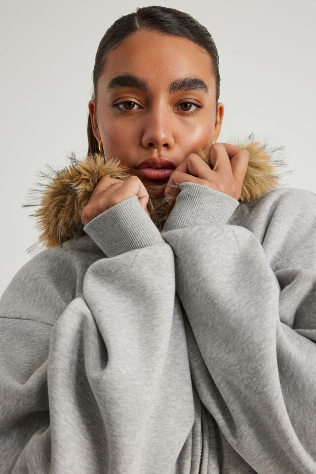 Notion Corset Zip Through Hoodie, NTN GREY MARLE/FAUX FUR