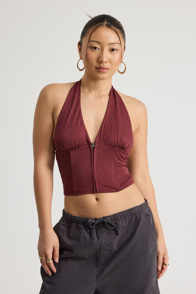 Zip Front Halter Top, BORDEAUX