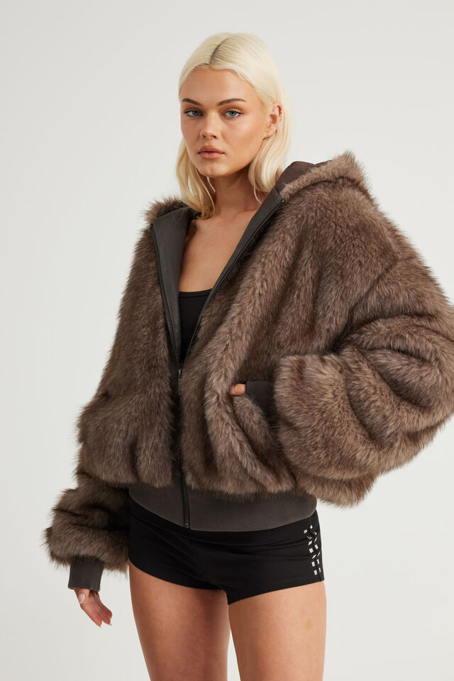 Cold Crush Faux Fur Bomber, MOCHA MATRIX