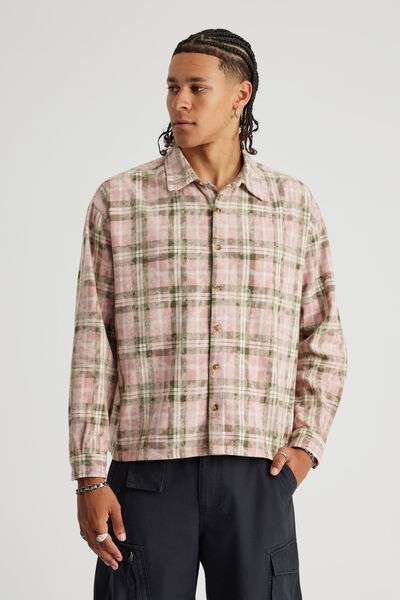 Notion Boxy Cropped Long Sleeve Shirt, NOTION DISTRESSED PINK CHECK