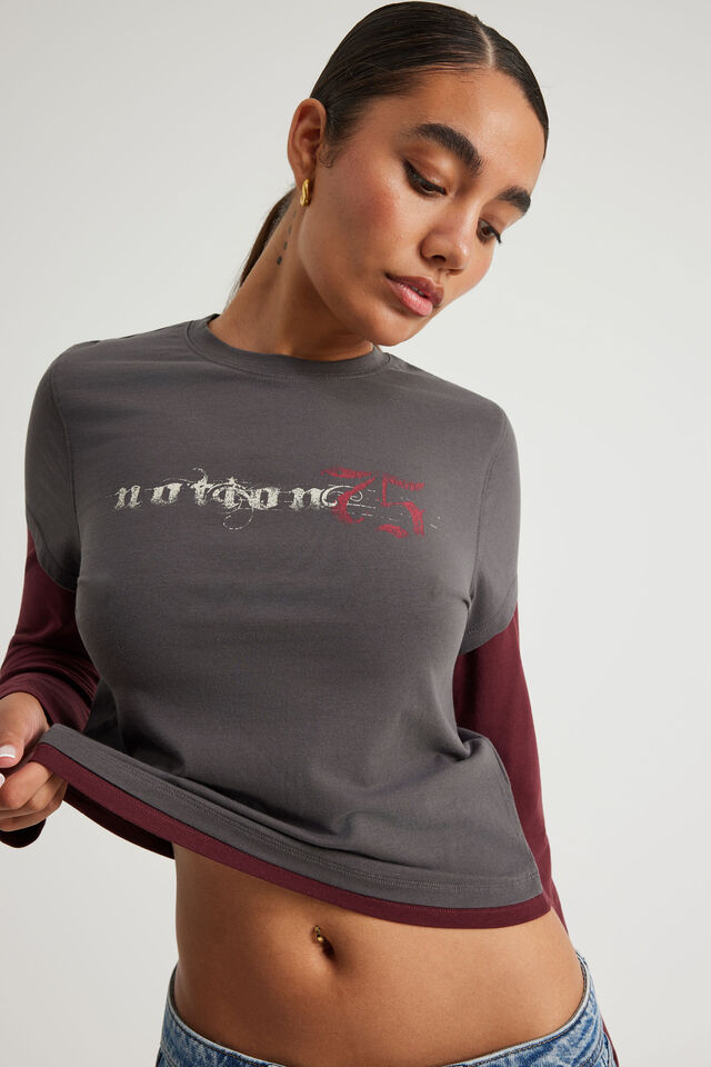 Layered Long Sleeve Top, WASHED BLACK BORDEAUX/NTN 75