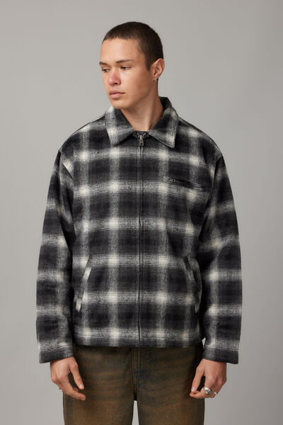 Half Half Check Coach Jacket, BLACK WHITE CHECK