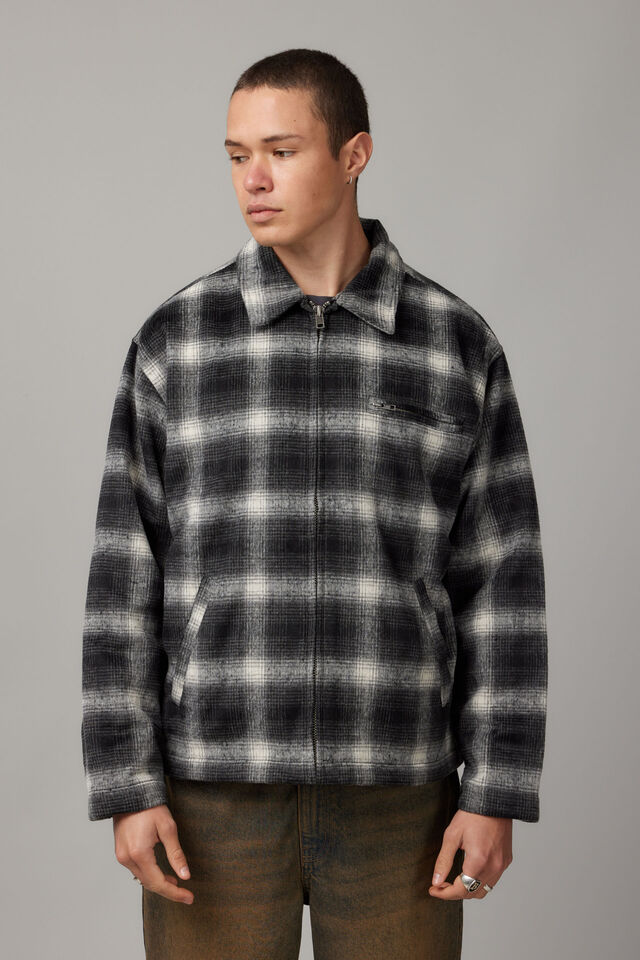 Half Half Check Coach Jacket, BLACK WHITE CHECK