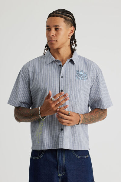 Half Half Boxy Cropped Short Sleeve Shirt, HH GREY CHECK MULTI LOGO ARTWORK