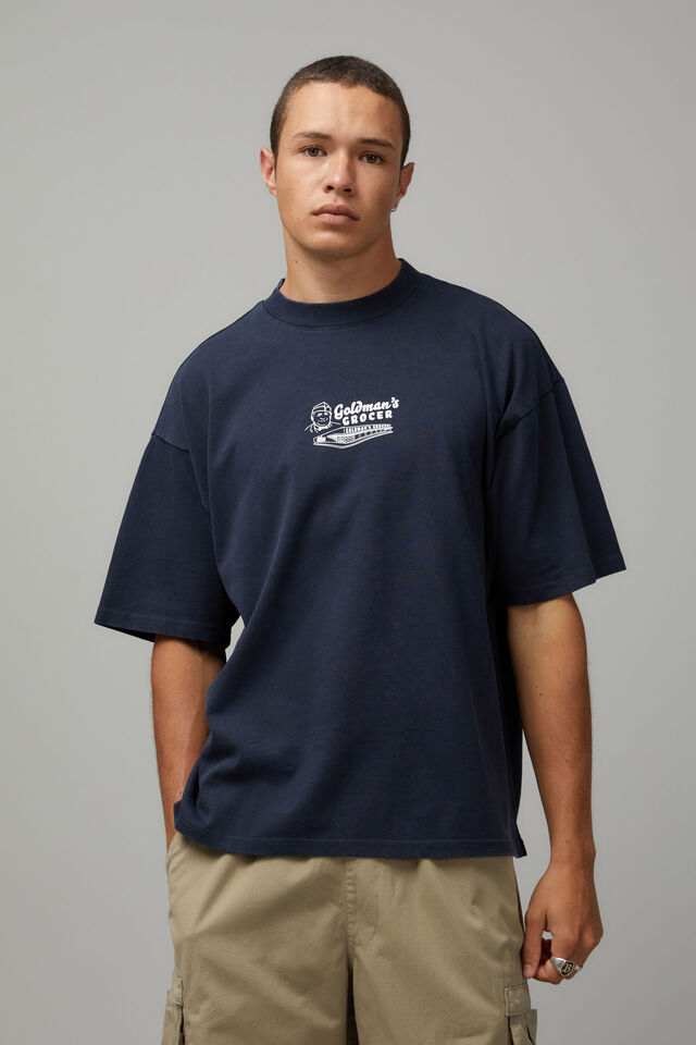Half Half Heavy Weight Box Fit Graphic Tshirt, WASHED NAVY/GOLDMANS GROCER