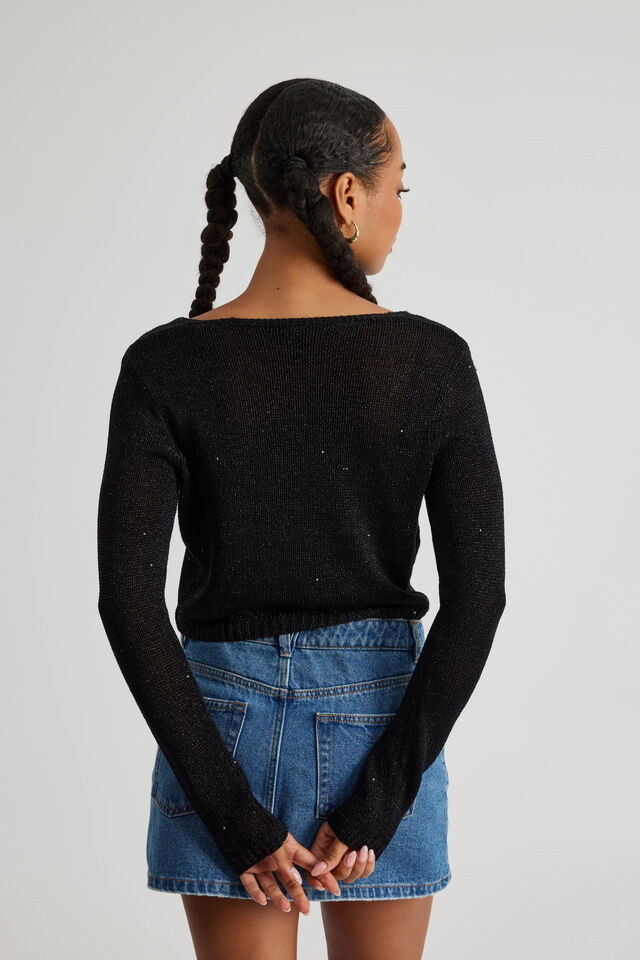 Metallic Tie Front Knit Cardigan, BLACK