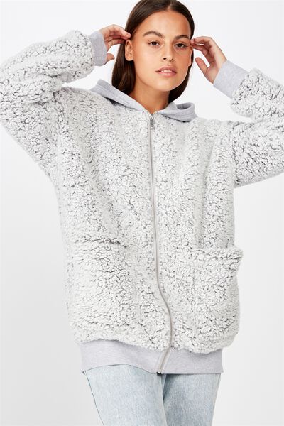 Plush Fleece Zip Thru Hoodie, GREY MARLE