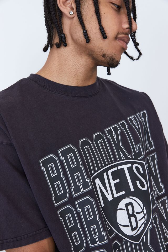 NBA Brooklyn Nets Oversized T Shirt, LCN NBA WASHED BLACK/BROOKLYN NETS TRIPLE