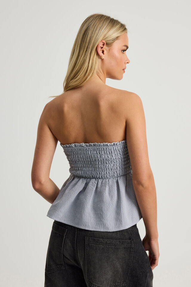 Juno Shirred Babydoll Bandeau, NAVY PINSTRIPE
