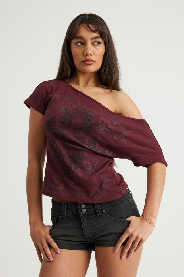 Off Shoulder Graphic Tee, BORDEAUX/SUMMER ROMANCE
