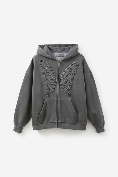 Allie Zip Through Slouchy Hoodie, WASHED BLACK/BUTTERFLY