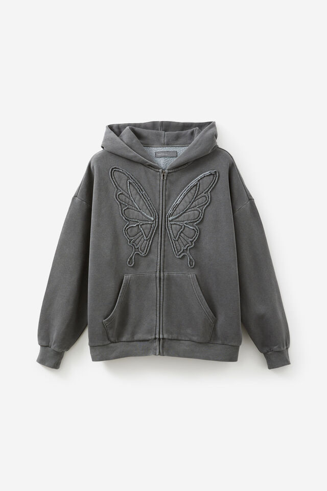 Allie Zip Through Slouchy Hoodie, WASHED BLACK/BUTTERFLY